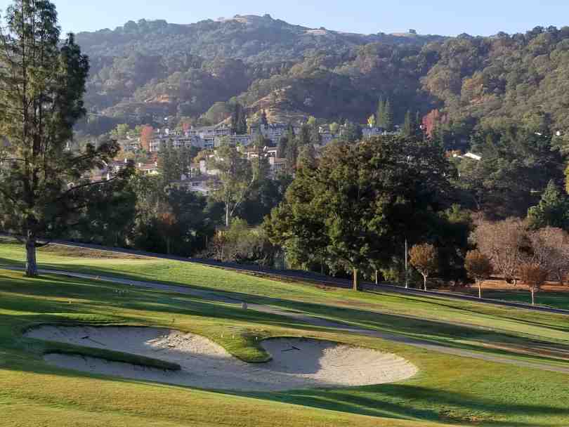 golf, sand trap, hills, houses